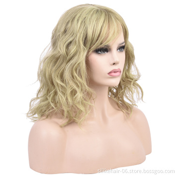 Daily Use Heat Resistant Blonde Vine Purple Pink Black Silky Curly Wig For Women Synthetic Short Water Wavy Wigs With Bangs